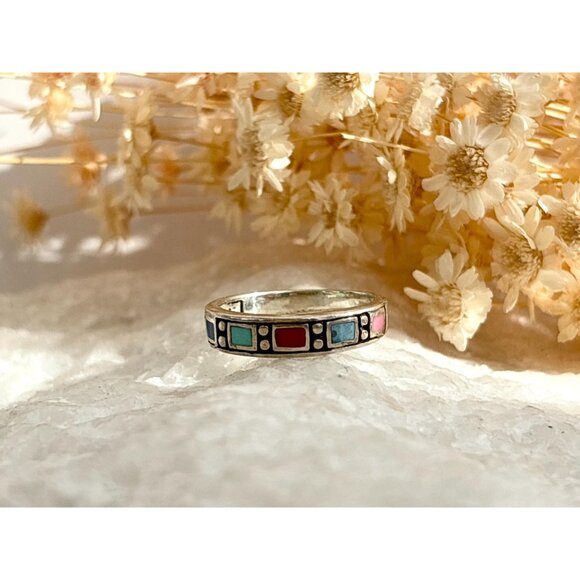 Mexican Inspired Multi Gemstone Square 925 Sterling Silver Vintage Ring - sz 6 - Picture 8 of 10